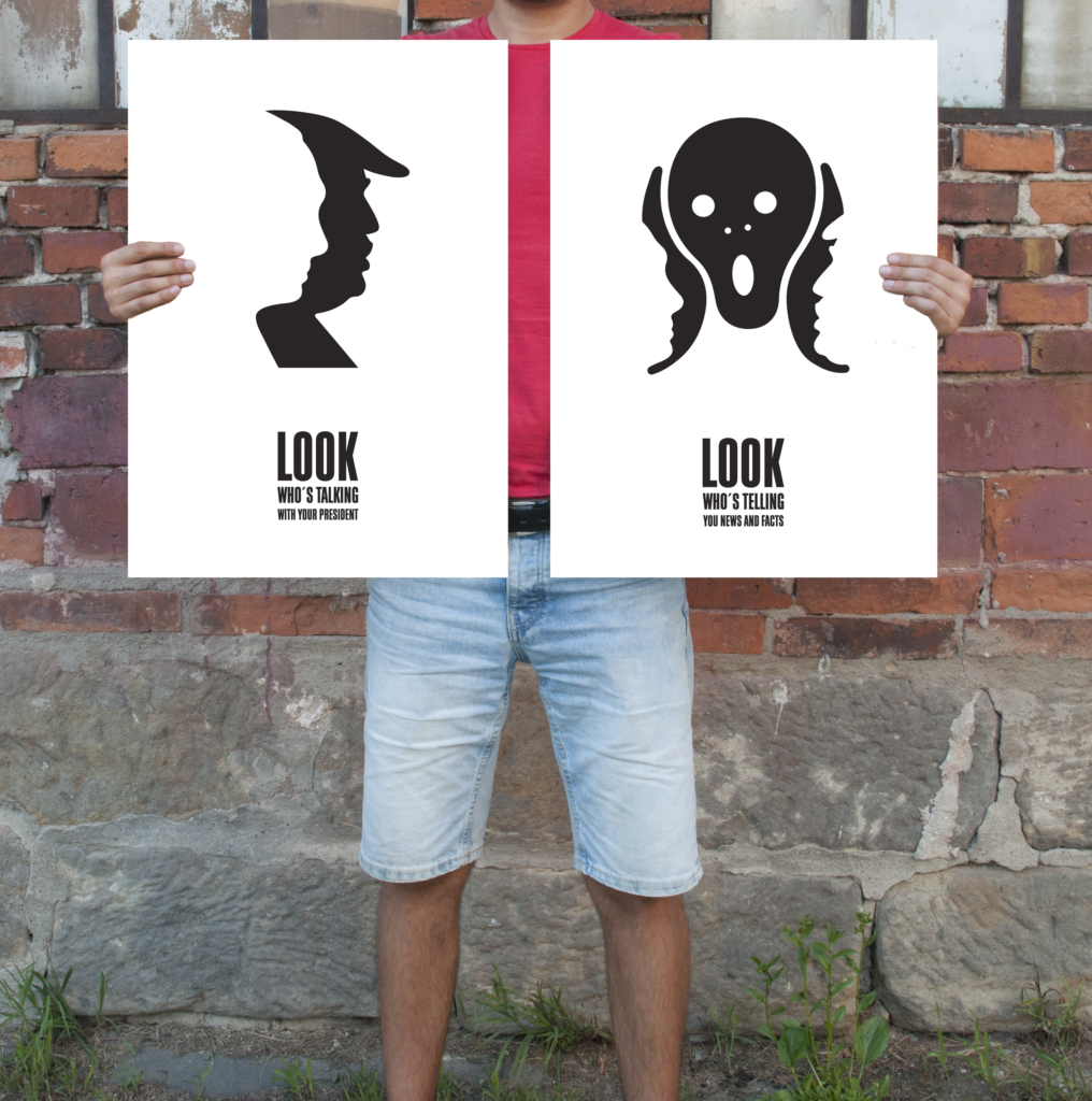 Dva grafické návrhy plakátů pro soutěžní festival Graphic Matters s tématem Fake News.