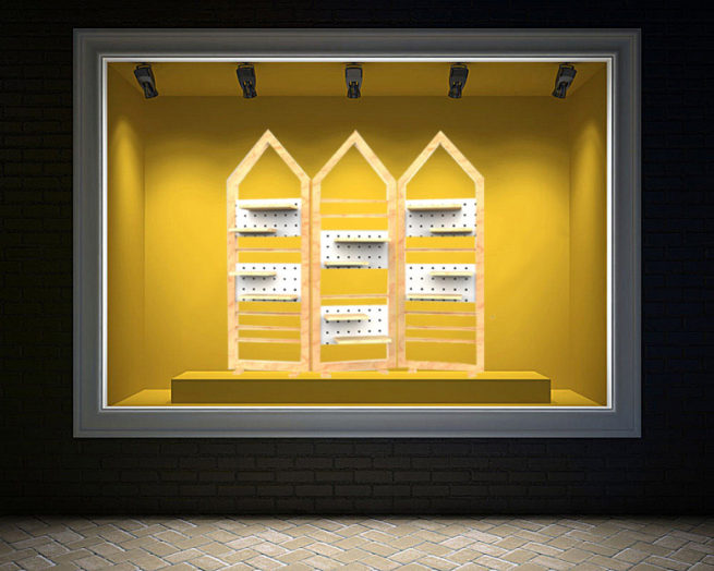 Výstavní nábytek do výlohy, který lze jednoduše přizpůsobit.