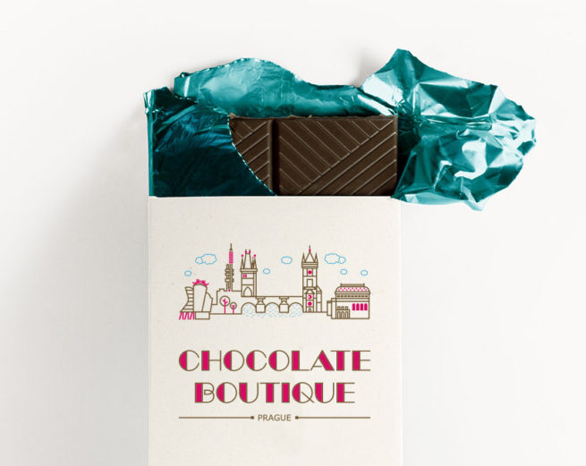design obalu pro kvalitní čokoládu s panoramatem Prahy