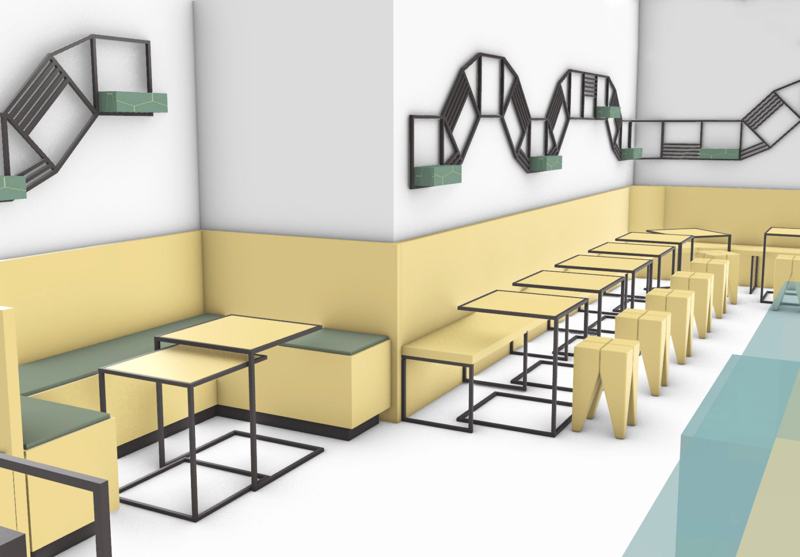 Interiér bufetu s dostatkem míst k sezení.