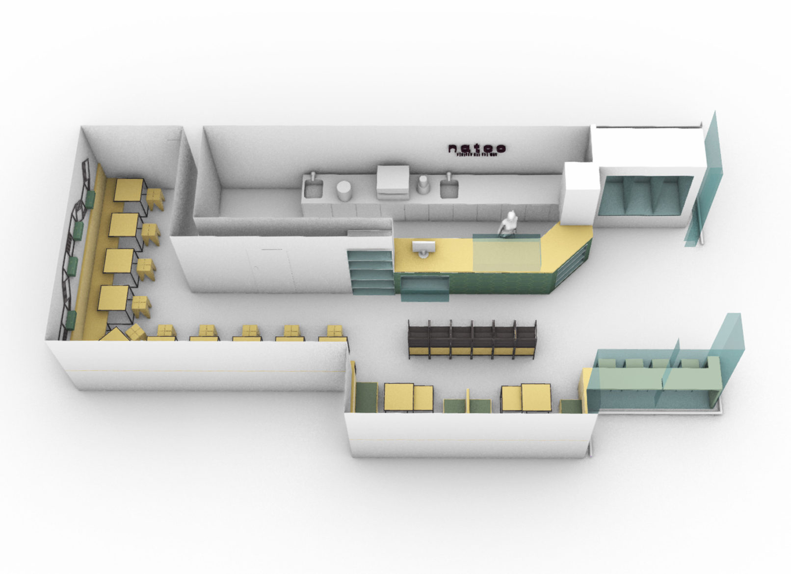 Ptačí prespektina návrhu interiéru nádražního bufetu.