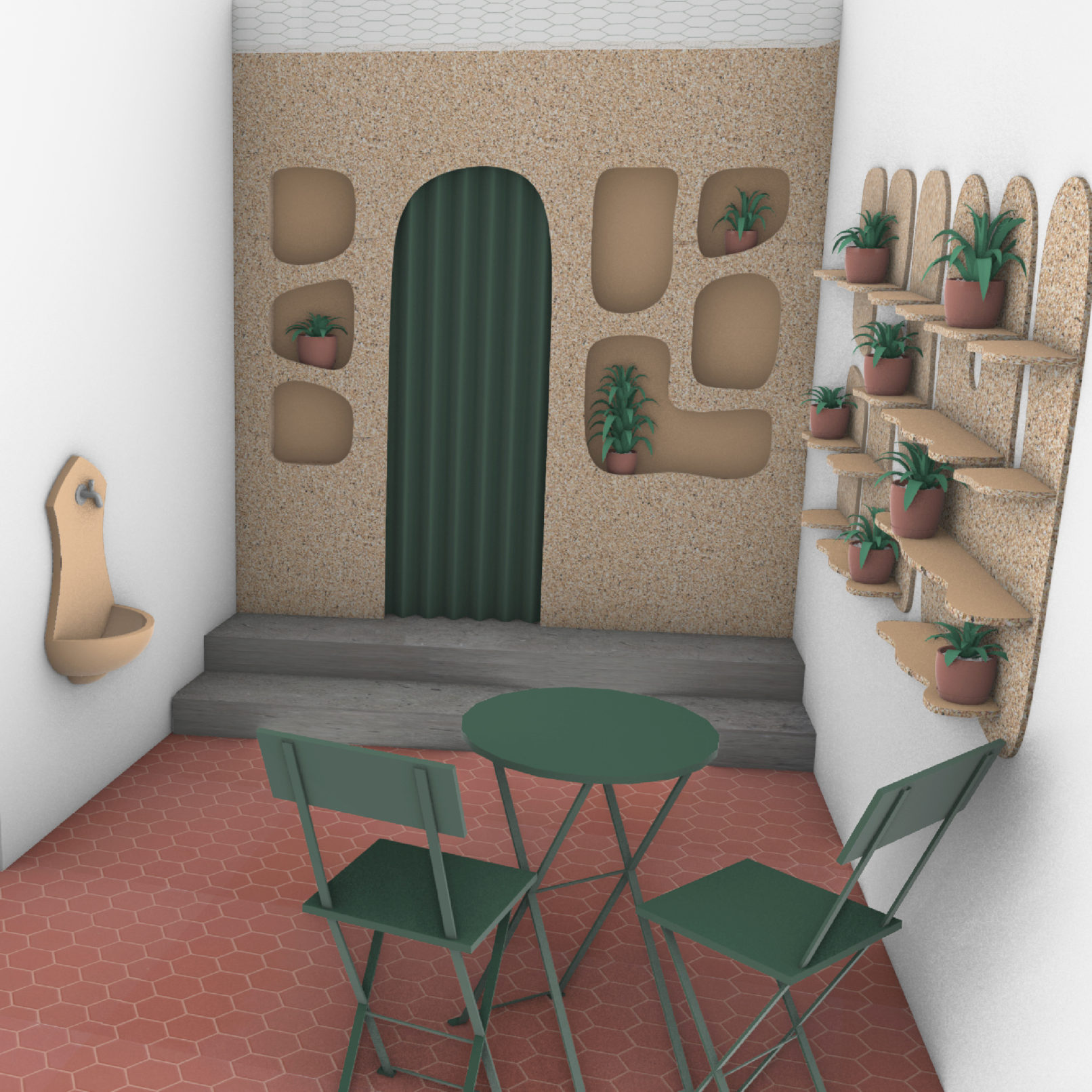 Prodej pokojových květin a workshopy probíhá v místnosti s organickými prvky a stěnami s texturou evokující hliněné zdi.