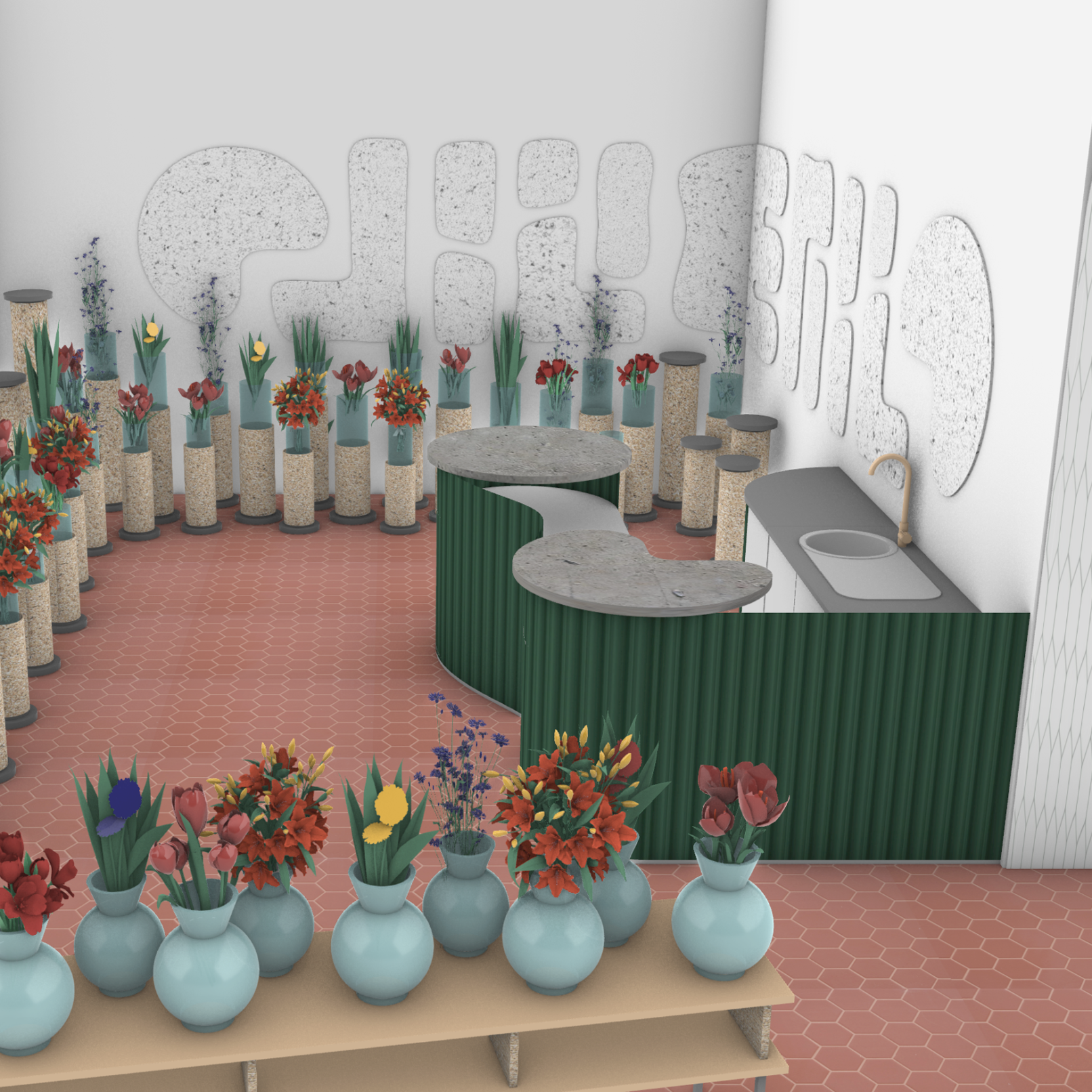 Květiny na prodej jsou na piedestalech s mramorovou strukturou evokující hliněné zdi.